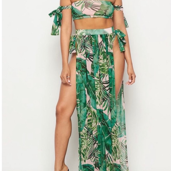 Floral Tropical Print Multicolor Three Piece Cover-up and Swimsuit Set - Picture 4 of 13